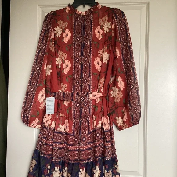 Julia Jordan High Neck Tie Belt Long Sleeve Dress, size 14